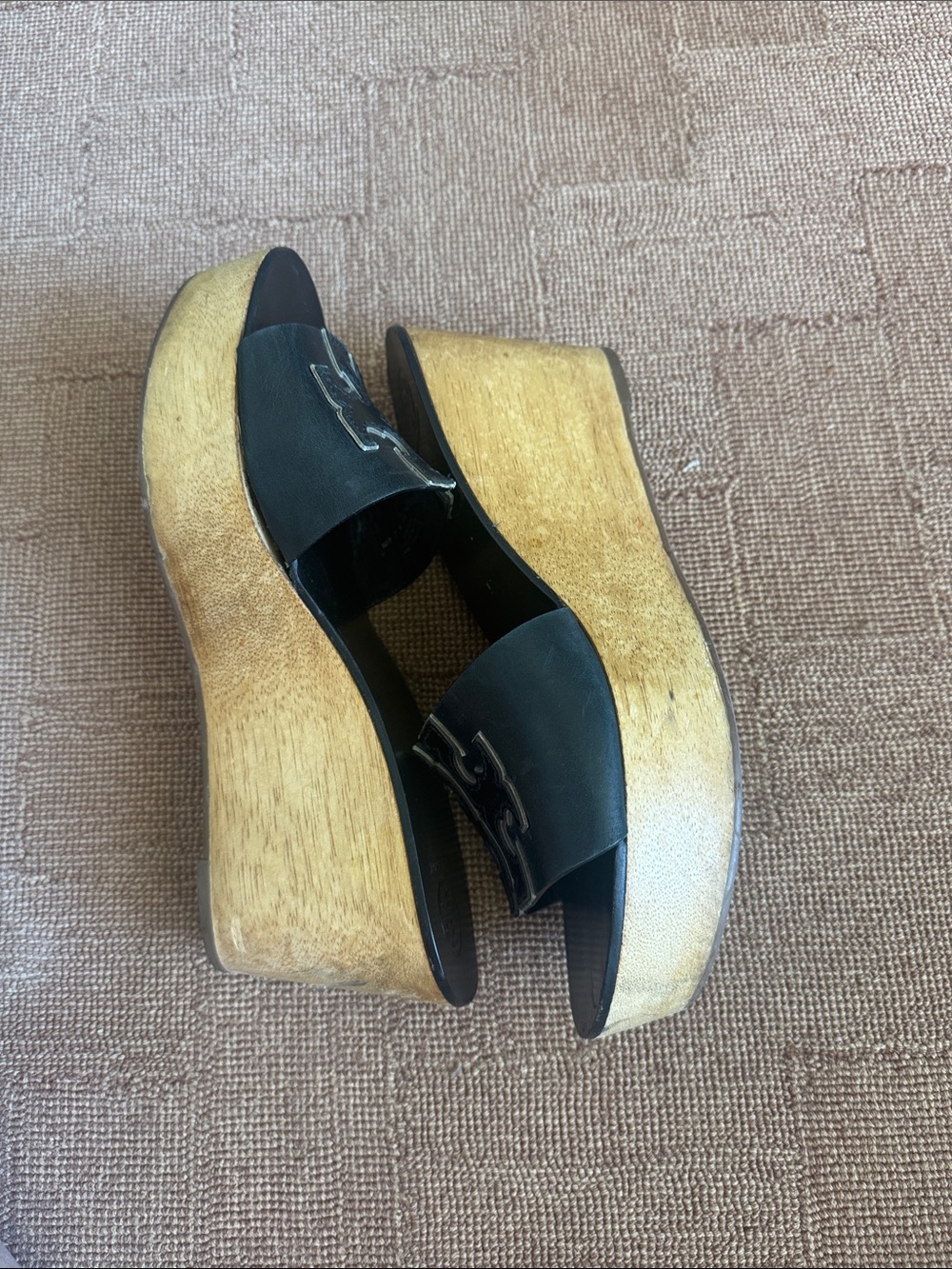 Tory Burch Ines 80 mm Black Leather Logo Slide Wooden Wedge - Picture 8 of 11